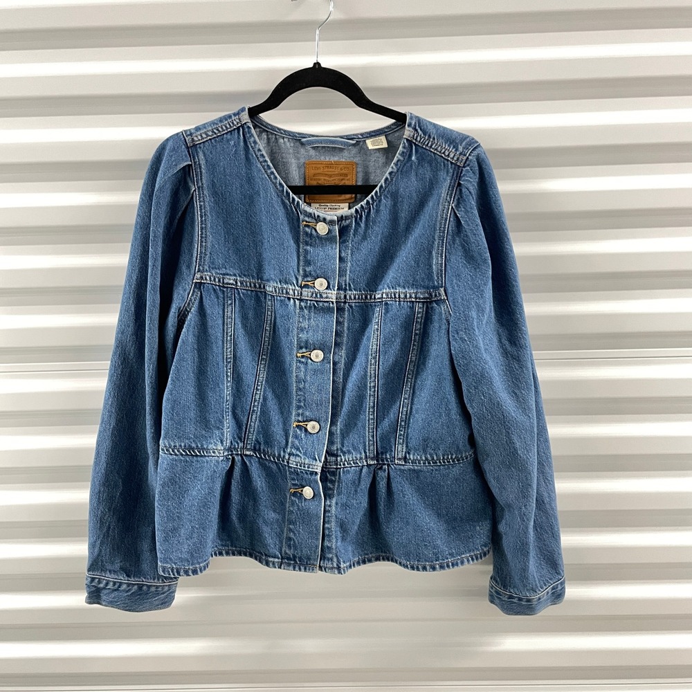Levis Premium Womens Large Blue Denim Peplum Jacket Collarless A0804-0000